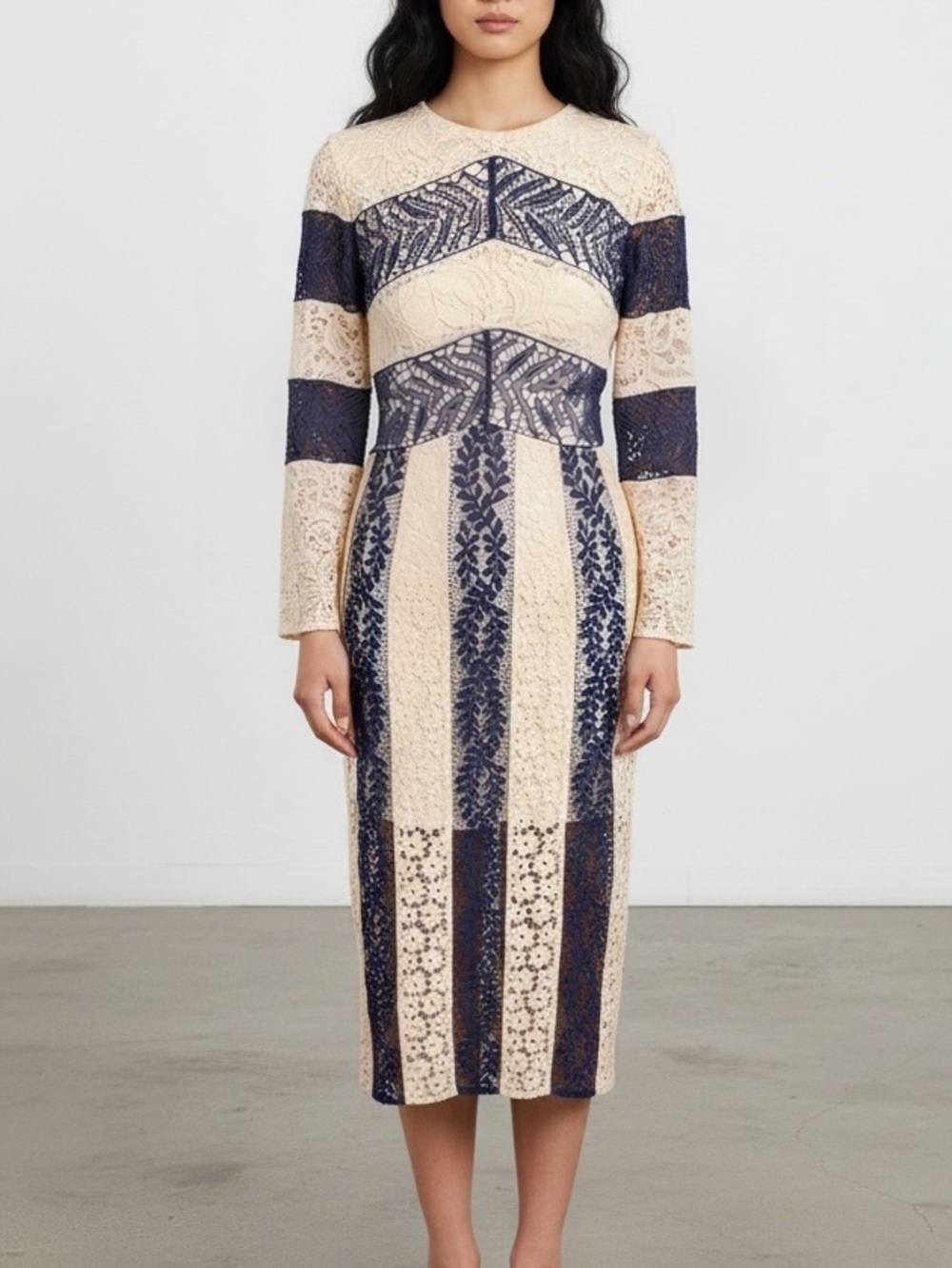 Disaya Cream and Navy Lace Long-Sleeve Midi Dress